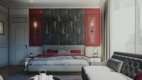 4K 3D Rendering Animation of Luxury Bedroom Red Accent Wall Stock Footage 320303390
