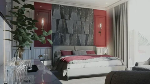4K 3D Rendering Animation of Luxury Bedroom Red Accent Wall Stock Footage 320303608