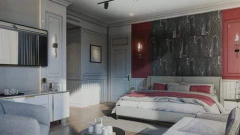 4K 3D Rendering Animation of Luxury Bedroom Red Accent Wall Stock Footage 320303609