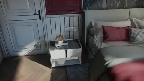 4K 3D Rendering Animation of Luxury Bedroom Red Accent Wall Stock Footage 320303781
