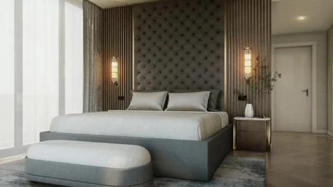 4K 3D Rendering Animation of Luxury Modern Bedroom with Gold Accent Wall Stock Footage 320313959