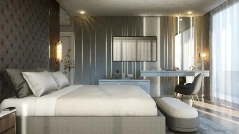 4K 3D Rendering Animation of Luxury Modern Bedroom with Gold Accent Wall Stock Footage 320313967