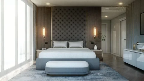 4K 3D Rendering Animation of Luxury Modern Bedroom with Gold Accent Wall Stock Footage 320313979