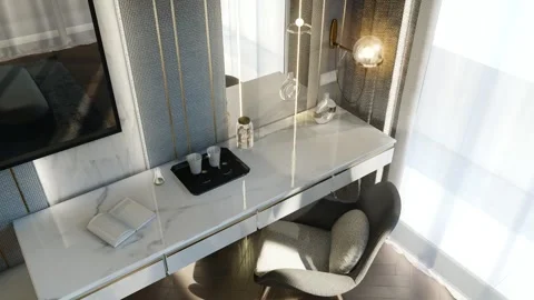 4K 3D Rendering Animation of Luxury Modern Bedroom with Gold Accent Wall Stock Footage 320314119