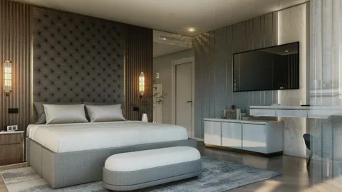 4K 3D Rendering Animation of Luxury Modern Bedroom with Gold Accent Wall Stock Footage 320314345
