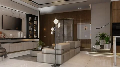 4K 3D Rendering Animation of Modern Kitchen Living Dining Room Video stock 320312817