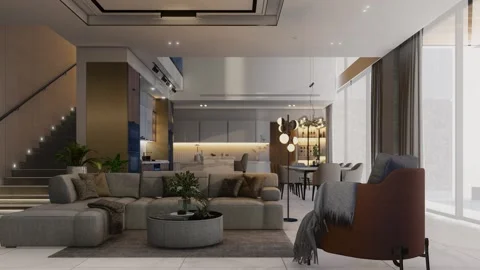 4K 3D Rendering Animation of Modern Kitchen Living Dining Room Video stock 320312902