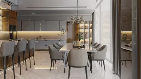 4K 3D Rendering Animation of Modern Kitchen Living Dining Room Video stock 320313031