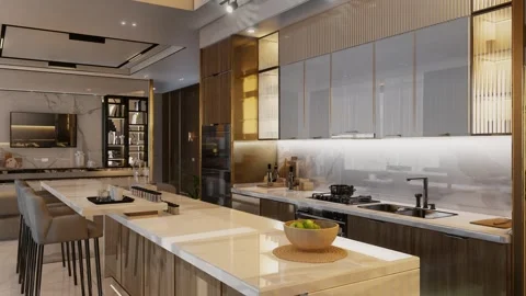 4K 3D Rendering Animation of Modern Kitchen Living Dining Room Video stock 320313037