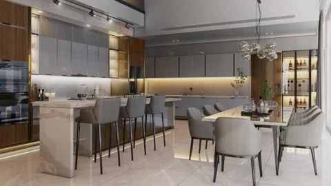 4K 3D Rendering Animation of Modern Kitchen Living Dining Room Video stock 320313054