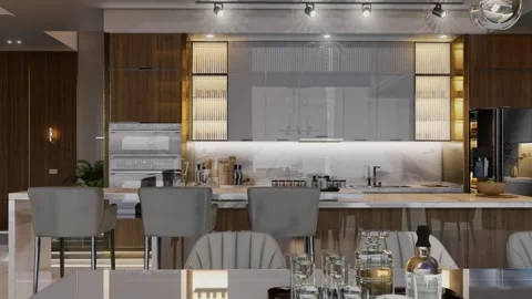 4K 3D Rendering Animation of Modern Kitchen Living Dining Room Video stock 320313055