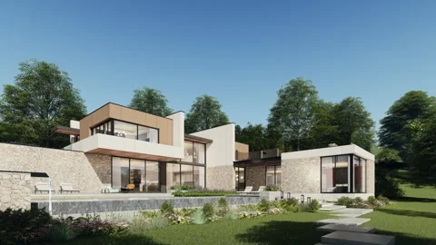 4K 3D Rendering Animation of Modern Hillside House with Stone Facade Stock Footage 320315731