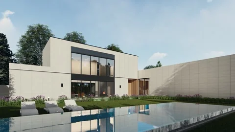 4K 3D Rendering Animation of a Modern Luxury House Exterior Stock Footage 321143537