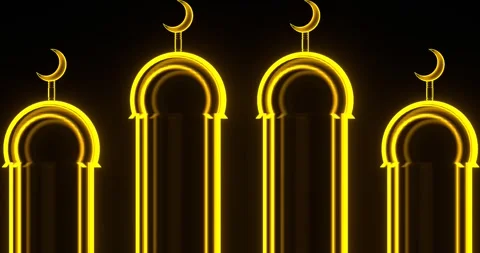 4K 3D Rendering Golden Islamic Mosque Domes Crescent Moon Symbols Stock Footage 330478751