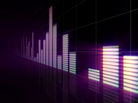 4K 3D tracking shot of audio equalizer bars against black passing past Vídeo Stock 72575052