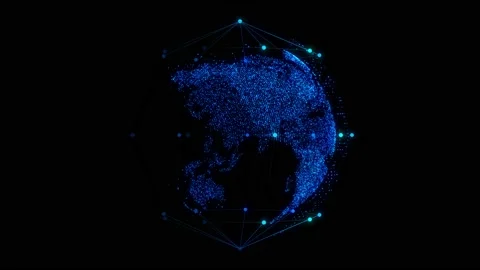4k 3d wireframe globe made of dots on a black background. Tech background. 3d Video stock 142623126