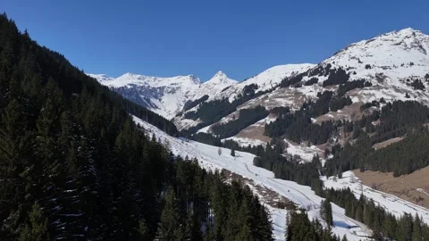 4K 60 Drone Forward: Left-Side Flight Over Snowy Treetops - Lengau Valley Vídeos de archivo 331214824