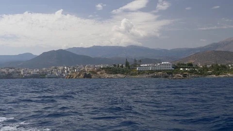 4k 60 fps View from stern of ferry leaving Agios Nikolaos, Crete Stock Footage 112565621