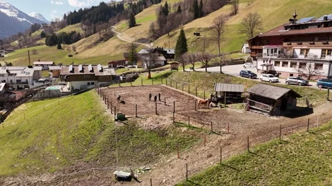 4K 60fps Drone Cinematic Orbit: Alpine Farm and Horses, Saalbach Stock Footage 332667498