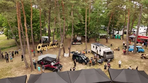 4K 60fps Drone Editorial: Wide Static Aerial View of Overland Festival, Duchonka Stock Footage 336361348