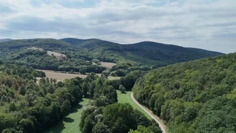 4K 60fps Drone Flyover: Forest Road and Mountain Valley Stockbeeldmateriaal 343738466