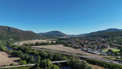 4K 60fps Drone Flyover: Hron River Valley and Village 스톡 동영상 344057660