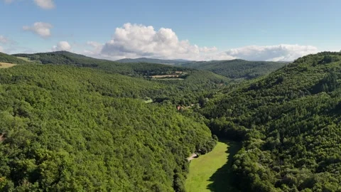4K 60fps Drone Flyover: Panoramic Valley &amp; Forested Hills Stock Footage 340605156