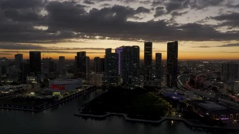 4K 60fps Forward Tracking Cinematic Drone Aerial of Downtown Miami Sunset Video stock 329091496
