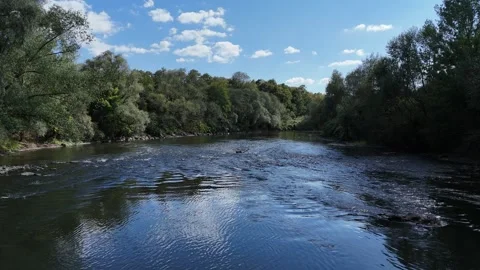 4K 60fps Low Altitude Drone Flyover: Hron River Rapids Near Tekovska Breznica Stock Footage 346017736