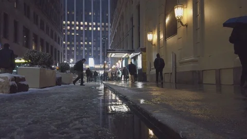 (4k @ 60fps) Low angle night time snow NYC Stock Footage 104630053