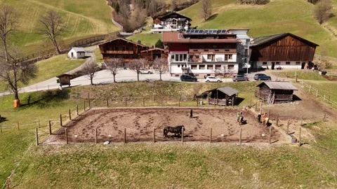 4K 60fps Static Drone: People Guiding Horses in Paddock, Saalbach Stock Footage 332663879