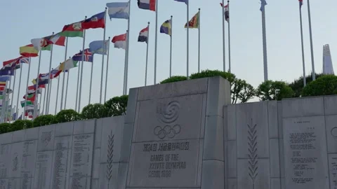 4k 60fps Video of Flags Waving at the Wind at Olympic Park Stock Footage 193317167