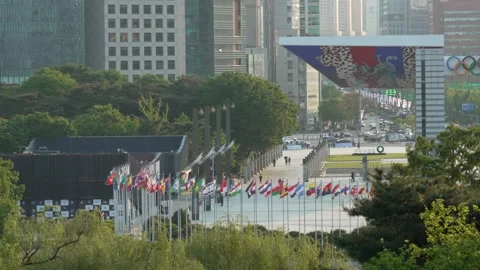 4k 60fps Video of Flags Waving at the Wind at Olympic Park Stock Footage 193343152