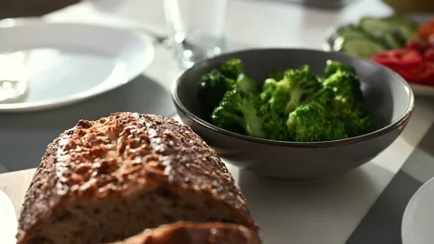 4k 60fps of wholegrain bread, broccoli and other healthy food Stock Footage 170670369