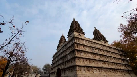 4K 60fps,Five Pagodas Temple with beautiful ginkgo tree Video stock 220692996