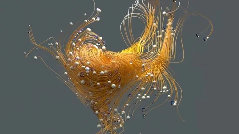4K Abstract 3D Generative Art Swirling Orange Lines Floating Spheres Stock Footage 330478817