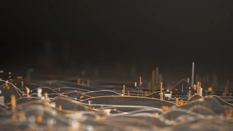 4K Abstract 3D Render Flowing Wavy Lines Glowing Gold Vertical Data Elements Stock Footage 330478823