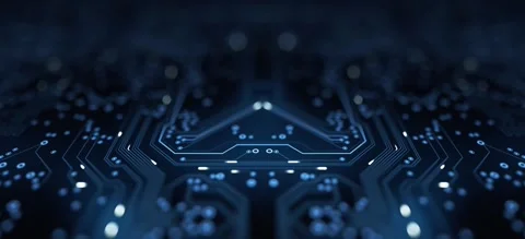 4K Abstract Deep Blue Circuit Board with Glowing Active Data Lights Video stock 327379702