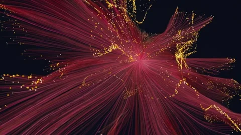 4K Abstract Red Flowing Light Lines Yellow Particles Dark Background Video stock 330479191