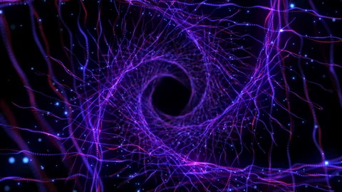 4K Abstract technology neon lines spiral tunnel. Purple dots construction. Stock Footage 112366125