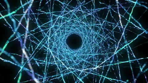 4K Abstract technology neon lines tunnel. Blue dots construction. Stock Footage 112366384