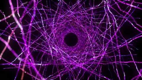 4K Abstract technology neon purple lines spiral tunnel. Violet dots Stock Footage 112366399