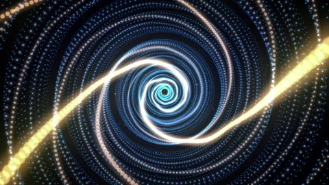 4K Abstract technology yellow neon lines spiral tunnel. Blue dots construction. Stock Footage 112283414