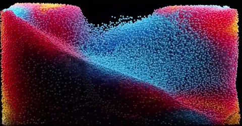 4K Abstract Wave Structure Vibrant Red Pink and Blue Spherical Particle Stock Footage 330479296