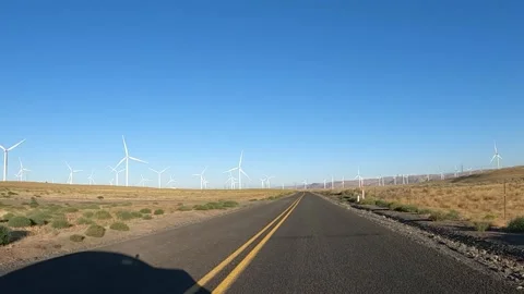 4K action camera driver's point of view rotating wind turbines in Oregon, USA Video stock 341786436