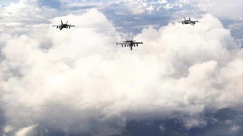 4k Aerial 3 Jet Fighters F-18 fly above clouds Stock Footage