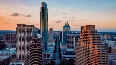 4K Aerial Austin Texas Skyline Time Lapse South Congress Avenue Cesar Chavez Stock Footage 113687033