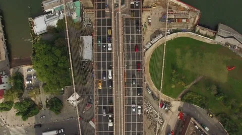 4K Aerial. The camera flying over Brooklyn Bridge focusing on Downtown, New York Stock Footage 57451258