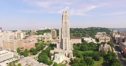 4K Aerial of the Cathedral of Learning in Pittsburgh, spinning Stock Footage 64832986