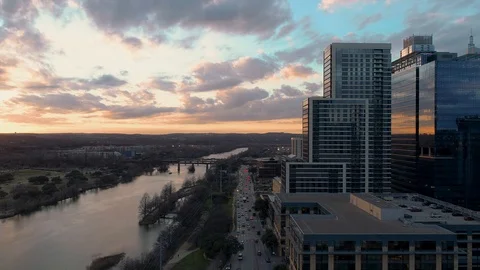 4K Aerial Cesar Chavez Lamar Bridge Downtown Austin Texas at Sunset Stock Footage 101807487